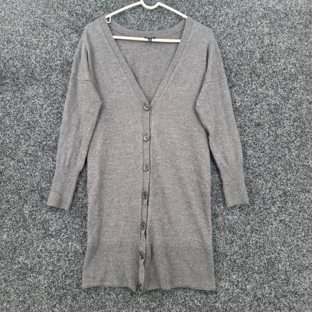 Talbots Pure Merino Wool Longline Cardigan Sweater Gray V-Neck Button Front Med